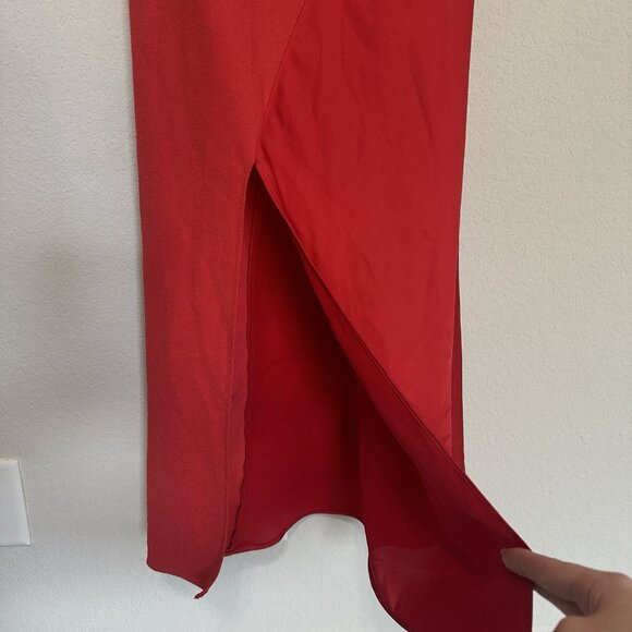 Cushnie Target Red Cowl Neck‎ Slip Midi Dress Womens 6 Satin Leg Slit Tie Neck - Picture 3 of 10